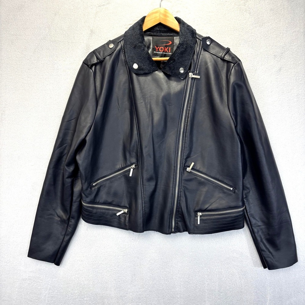 YOKI Faux Fur Lined Faux Leather Biker Jacket Womens 2XL Navy Blue Zip Moto